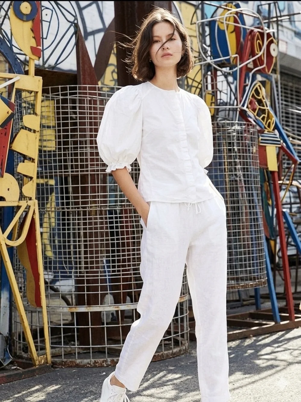 Zara White Puff-Sleeve Henley Blouse